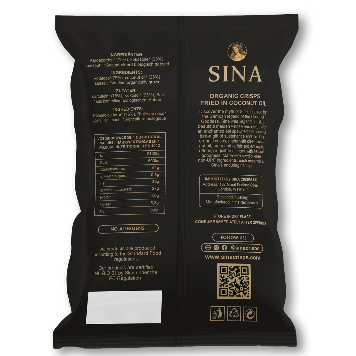 Black SINA organic crisps packaging with text and QR code on a white background