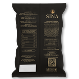 Black SINA organic crisps packaging with text and QR code on a white background