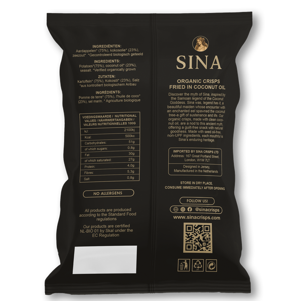 Black SINA organic crisps packaging with text and QR code on a white background